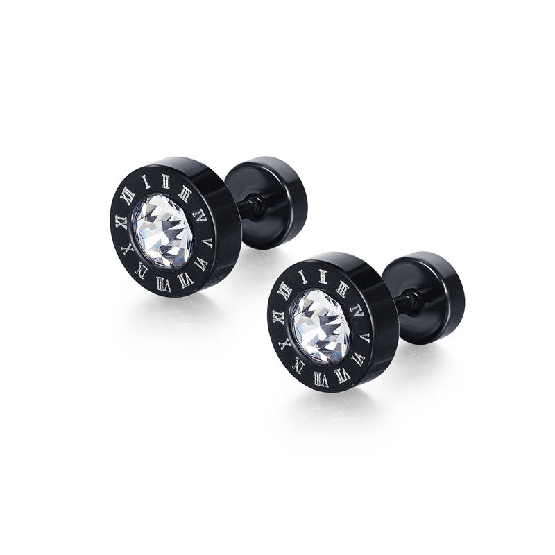 Fashion Geometry Pattern Shape Stud Earrings Stainless Steel Round Small Dumbbell Ear Clip Roman Numerals-Jewearrings