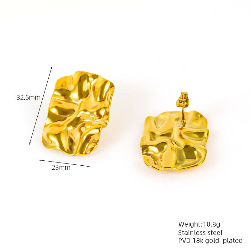 Titanium Steel Earrings Design Sense 18K Gold Plated Irregular Pleated Hammer Pattern Ear Clip-Jewearrings