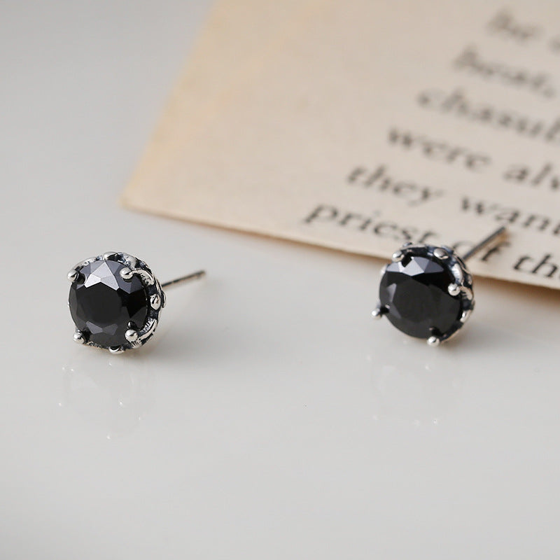 Sterling Silver Round Black Zircon Stud Earrings-Jewearrings