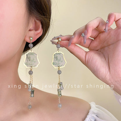 Silver Needle Bamboo Fan-shaped Tassel Earrings Retro Fashion-Jewearrings