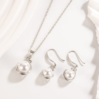 Simple Pearl Necklace Earrings Suit Women-Jewearrings