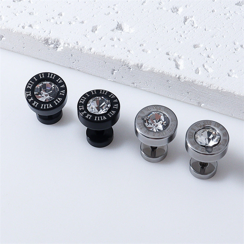 Fashion Geometry Pattern Shape Stud Earrings Stainless Steel Round Small Dumbbell Ear Clip Roman Numerals-Jewearrings