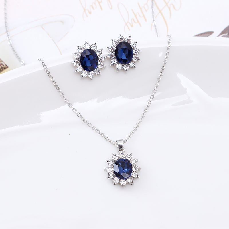 Sapphire Necklace Suit Fashion SUNFLOWER Zircon Stud Earrings-Jewearrings