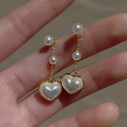 Sterling Silver Needle Heart Pearl Earrings Female Peach Heart Tassel Design-Jewearrings