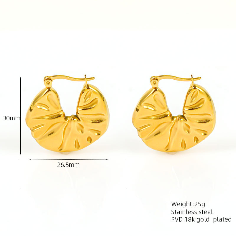 Titanium Steel Earrings Design Sense 18K Gold Plated Irregular Pleated Hammer Pattern Ear Clip-Jewearrings