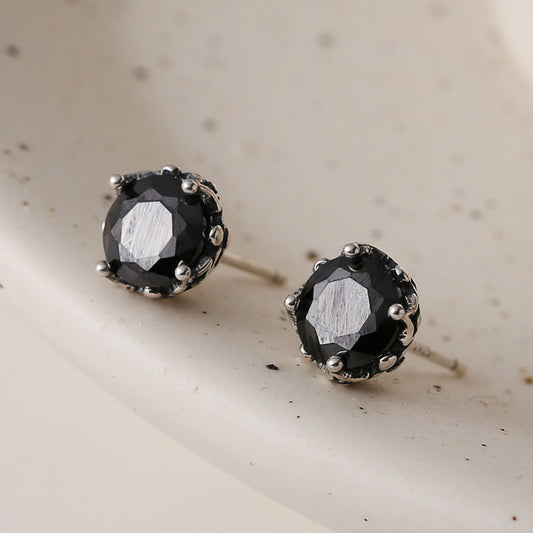 Sterling Silver Round Black Zircon Stud Earrings-Jewearrings