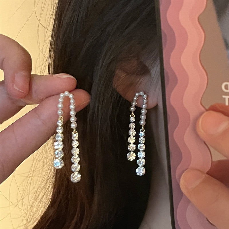 Needle Pearl Rhinestone Tassel Earrings Light Luxury Few Zircon Elegant Internet Celebrity Stitching Stud Earrings-Jewearrings