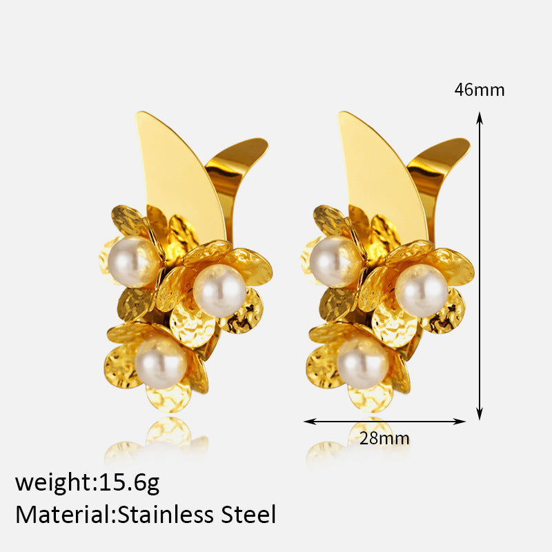 Stainless Steel Flower Pearl Stud Earrings Electroplating-Jewearrings