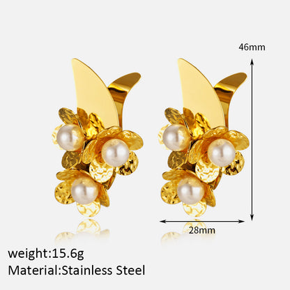 Stainless Steel Flower Pearl Stud Earrings Electroplating-Jewearrings