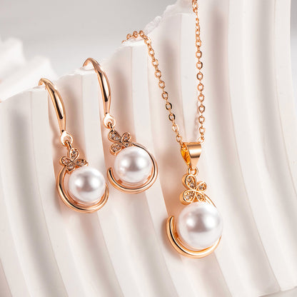 Simple Pearl Necklace Earrings Suit Women-Jewearrings