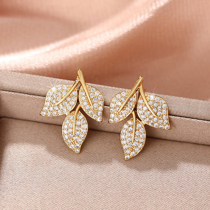 Rhinestone Leaf-shapepd Stud Earrings Women's Trendy Exquisite-Jewearrings