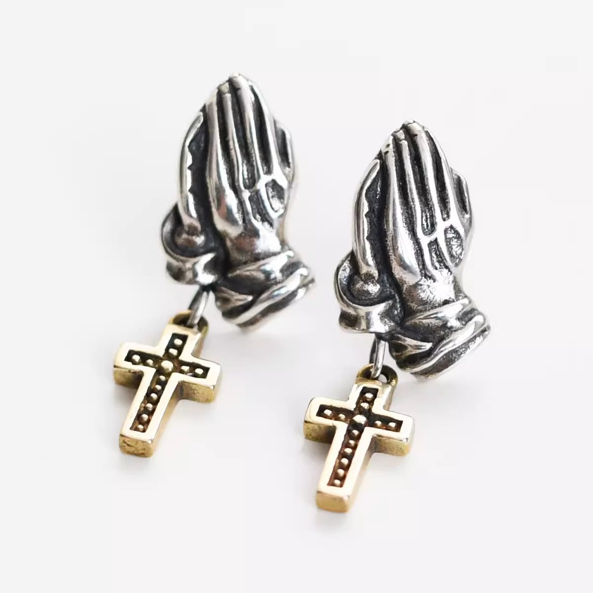 Retro Praying Hands Cross Stud Earrings Trendy Men-Jewearrings