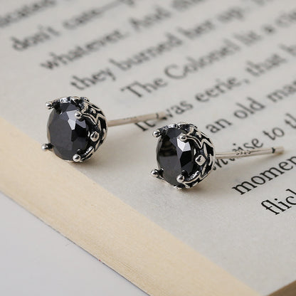 Sterling Silver Round Black Zircon Stud Earrings-Jewearrings