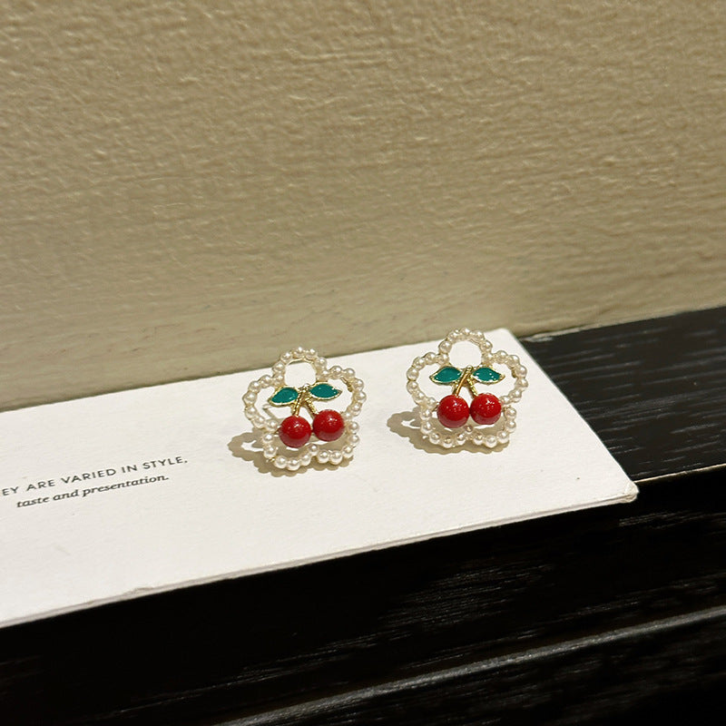 S925 Silver Needle Red Cherry Pearl Earrings Female-Jewearrings