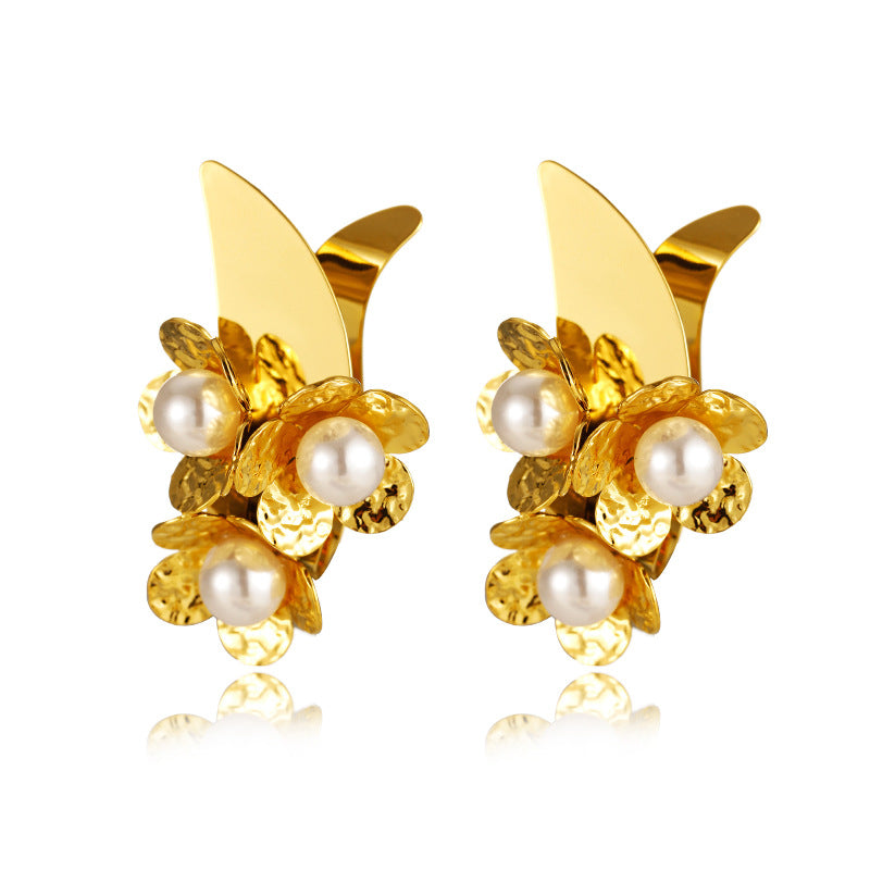 Stainless Steel Flower Pearl Stud Earrings Electroplating-Jewearrings