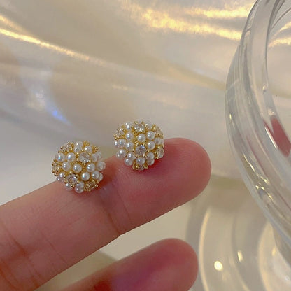 Small And Exquisite Zircon Pearl Stud Earrings Women-Jewearrings