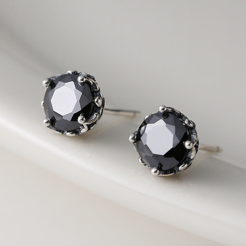 Sterling Silver Round Black Zircon Stud Earrings-Jewearrings