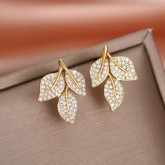 Rhinestone Leaf-shapepd Stud Earrings Women's Trendy Exquisite-Jewearrings