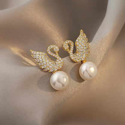 Sterling Silver Needle Korean Swan Zircon Pearl Stud Earrings-Jewearrings