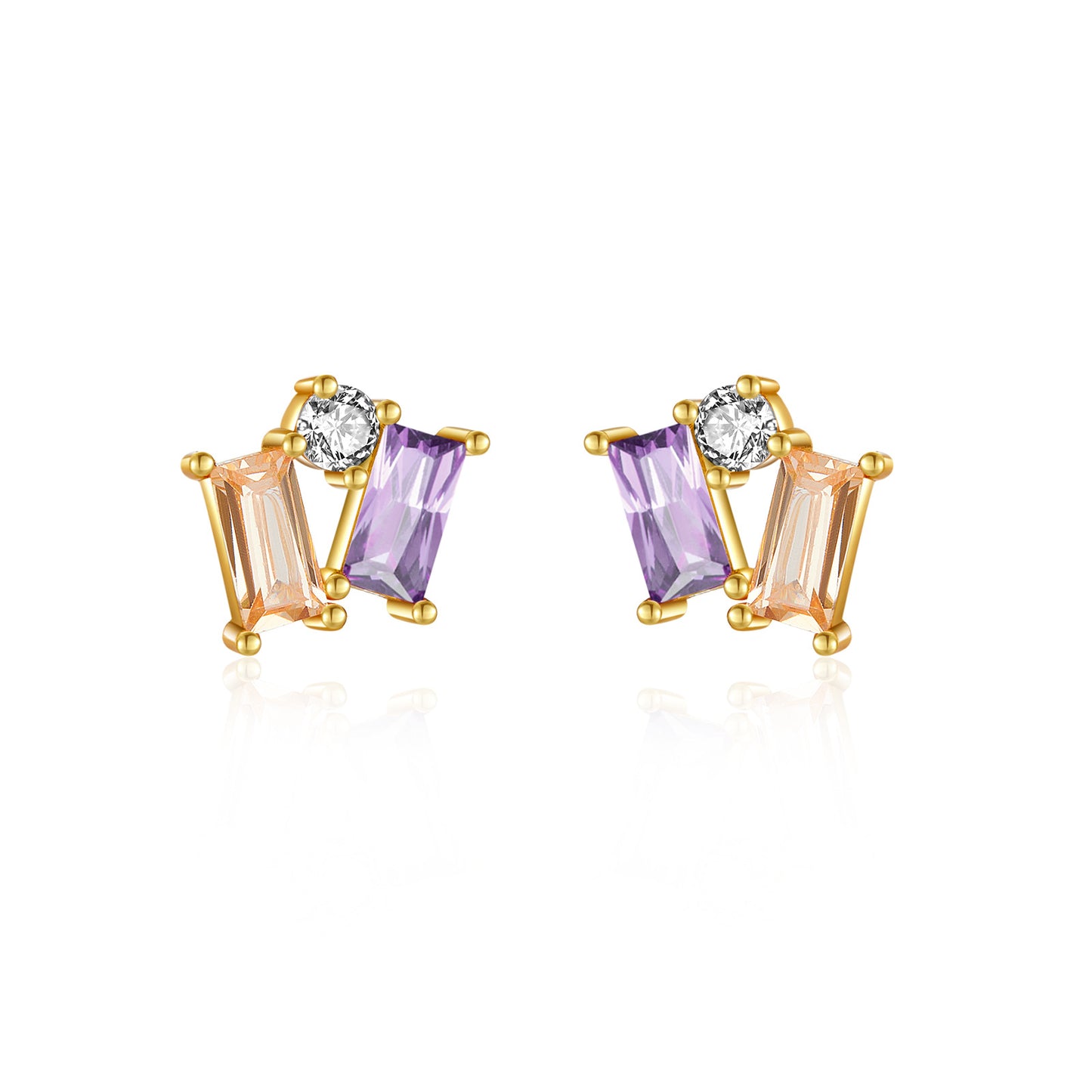 S925 Sterling Silver Square Stone Champagne Purple Mixed Stud Earrings-Jewearrings