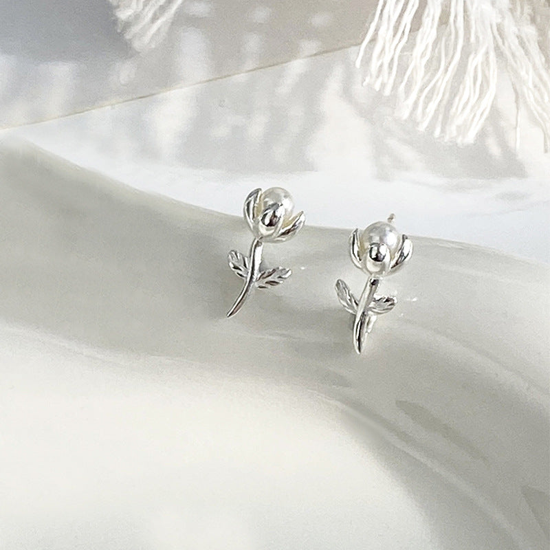 Women's Sterling Silver Pearl Leaf Stud Earrings-Jewearrings