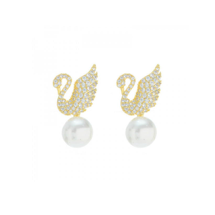 Sterling Silver Needle Korean Swan Zircon Pearl Stud Earrings-Jewearrings