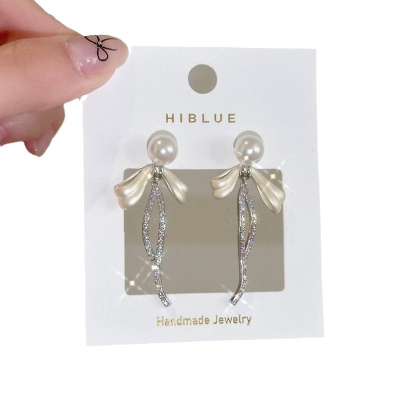 Navy Blue Tassel Long Bow Tie Female Stud Earrings-Jewearrings