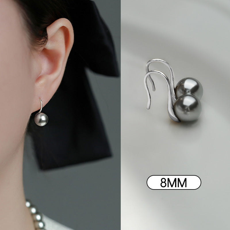 Silver Gray Pearl Stud Earrings S925 Silver Exquisite Ear Hook Premium Earrings-Jewearrings