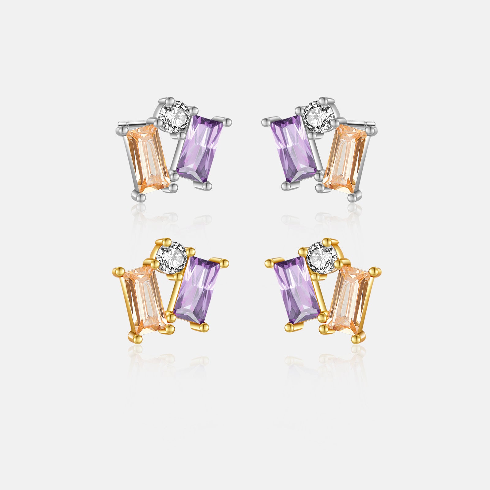 S925 Sterling Silver Square Stone Champagne Purple Mixed Stud Earrings-Jewearrings