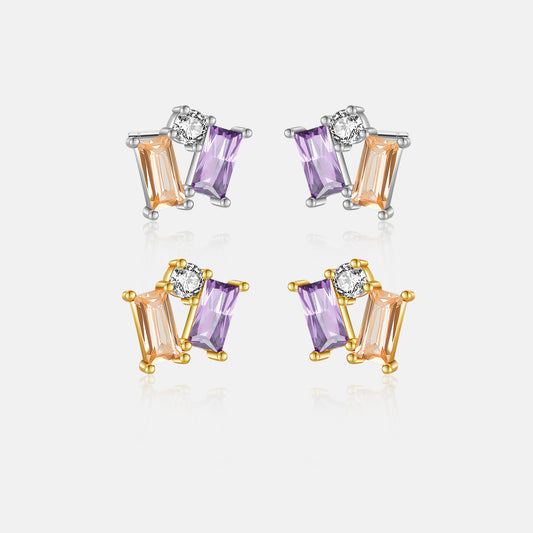 S925 Sterling Silver Square Stone Champagne Purple Mixed Stud Earrings-Jewearrings