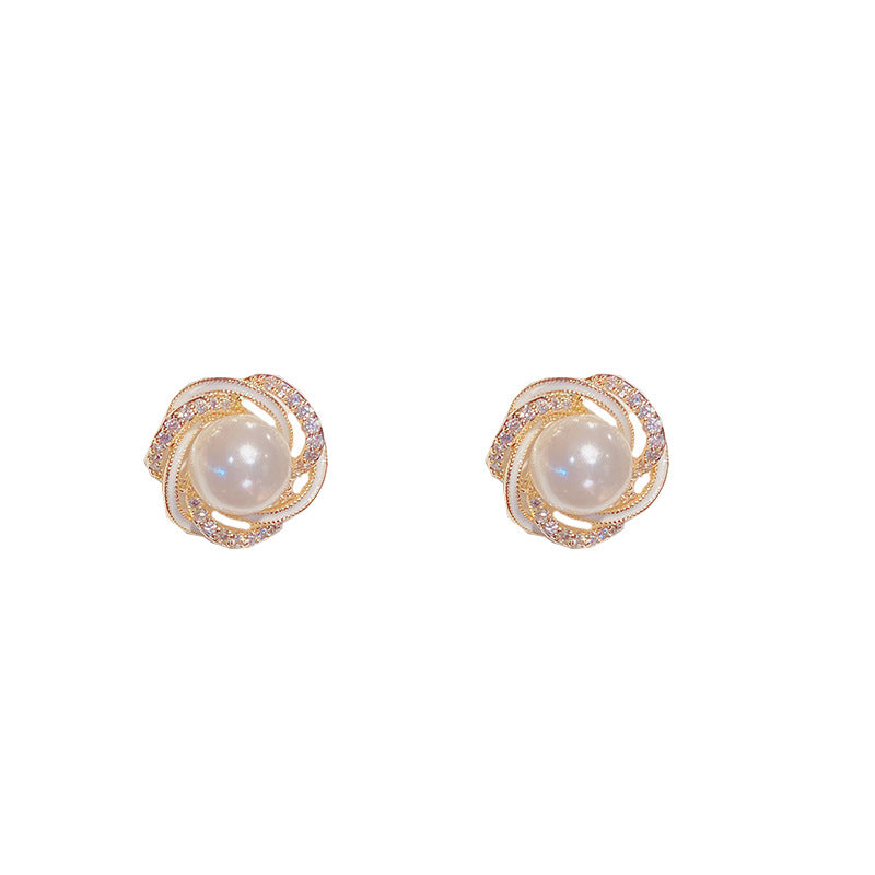 Micro Inlaid Zircon Winding Pearl Stud Earrings Exquisite Fashion Small-Jewearrings