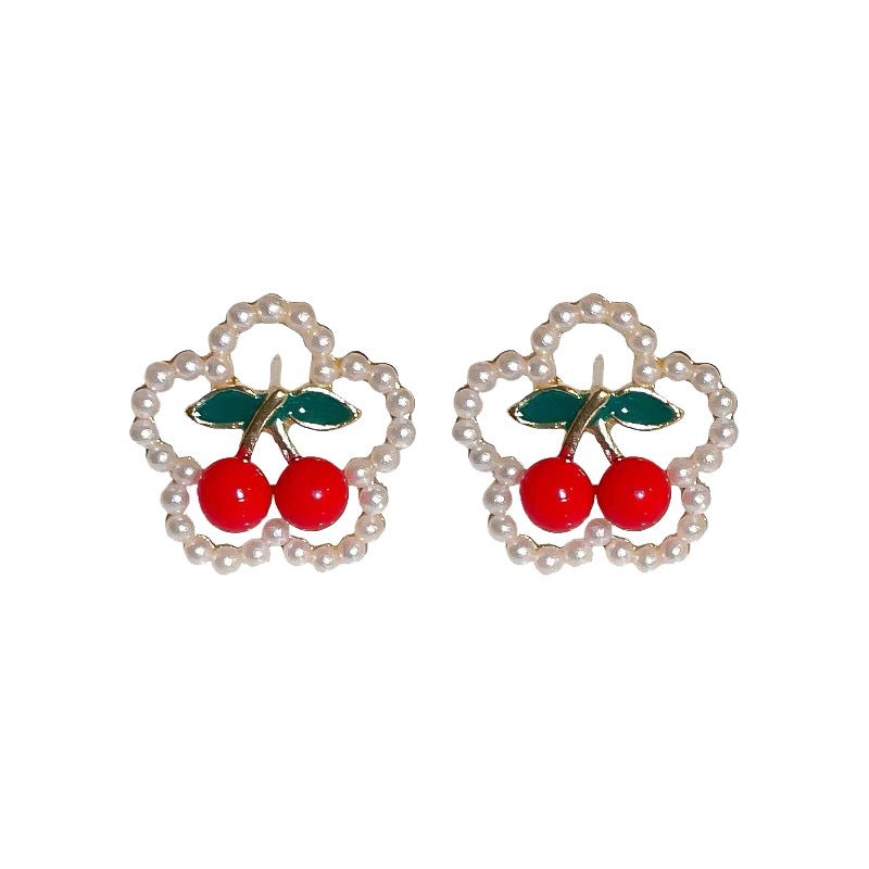 S925 Silver Needle Red Cherry Pearl Earrings Female-Jewearrings