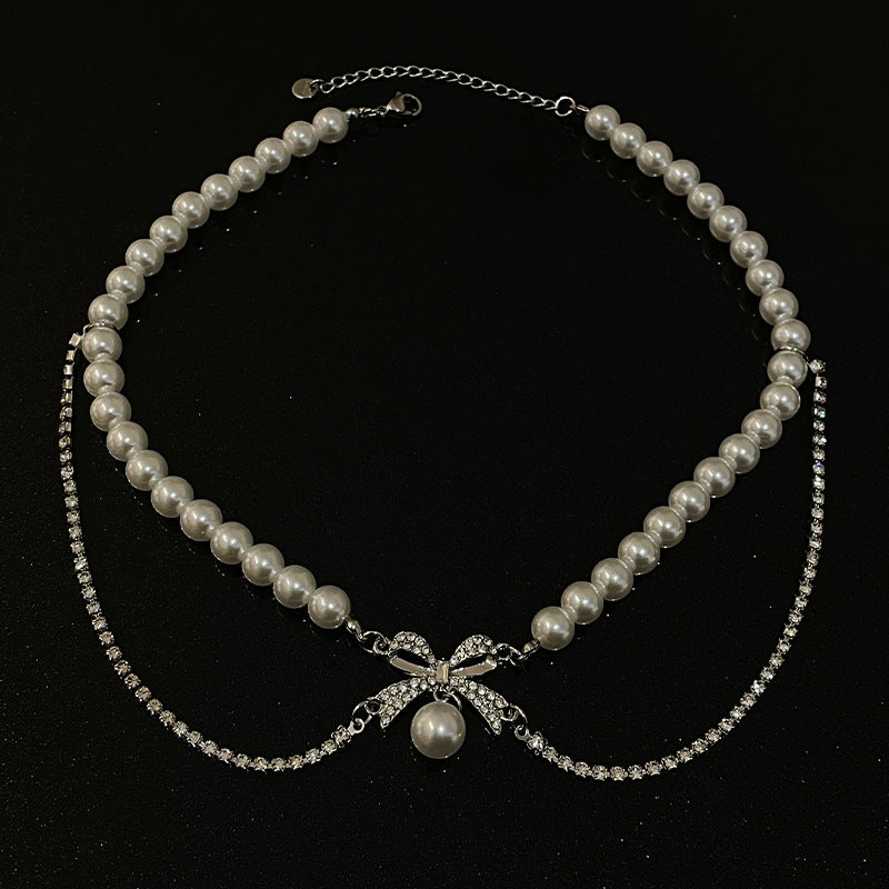 Women's Bow Stitching Pearl Necklace-Jewearrings