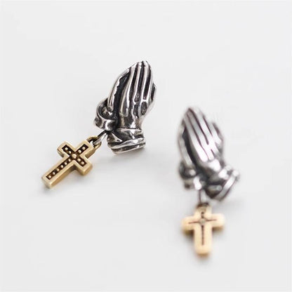 Retro Praying Hands Cross Stud Earrings Trendy Men-Jewearrings