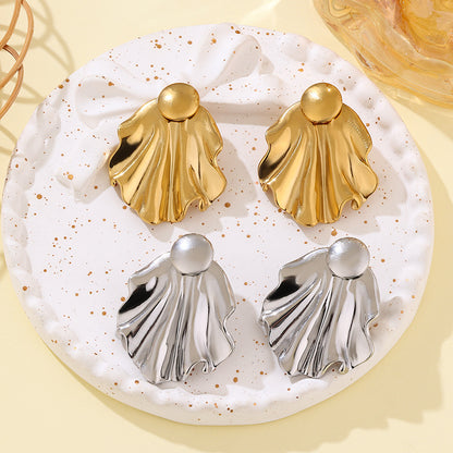 Simple Pleated Stainless Steel Exaggerated Gold Stud Earrings-Jewearrings