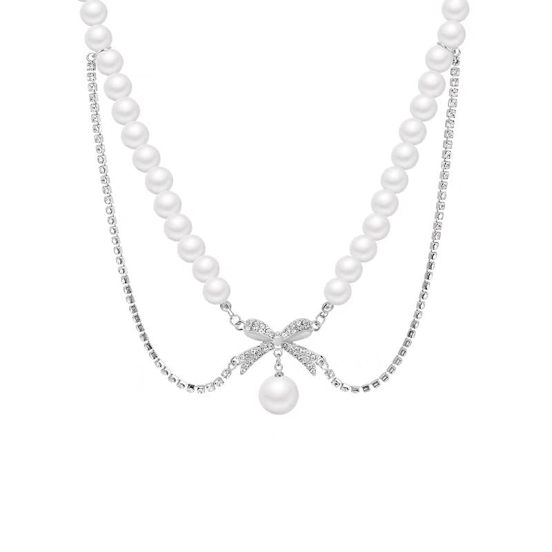 Women's Bow Stitching Pearl Necklace-Jewearrings