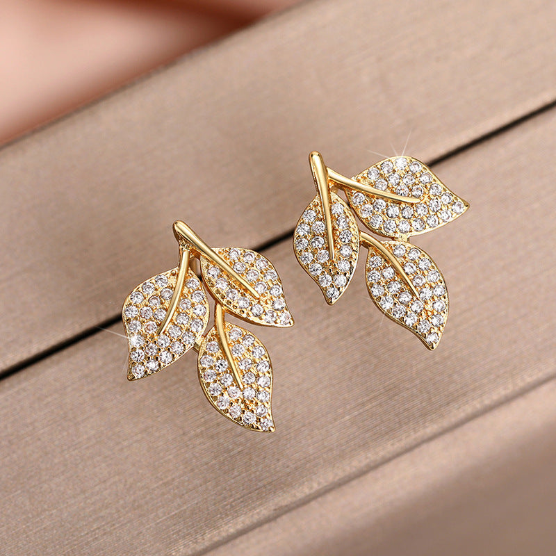 Rhinestone Leaf-shapepd Stud Earrings Women's Trendy Exquisite-Jewearrings