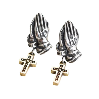 Retro Praying Hands Cross Stud Earrings Trendy Men-Jewearrings