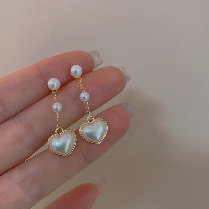 Sterling Silver Needle Heart Pearl Earrings Female Peach Heart Tassel Design-Jewearrings