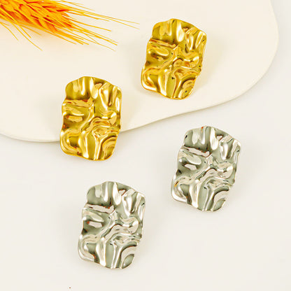 Titanium Steel Earrings Design Sense 18K Gold Plated Irregular Pleated Hammer Pattern Ear Clip-Jewearrings