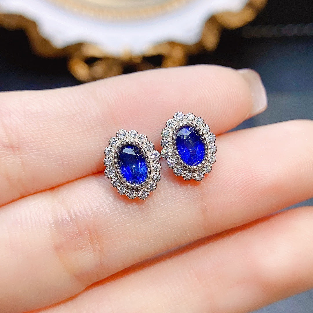 Natural Sapphire Stud Earrings S925 Silver Inlaid Main Stone-Jewearrings