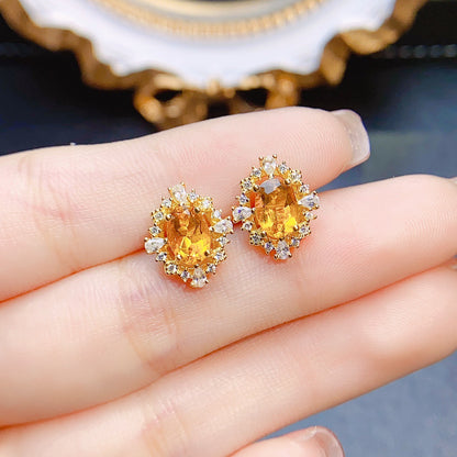 Natural Citrine Stud Earrings S925 Silver Inlaid Main Stone 57-Jewearrings