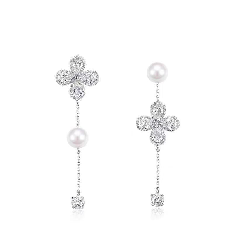 Asymmetric Flower Pearl Tassel Female Stud Earrings-Jewearrings