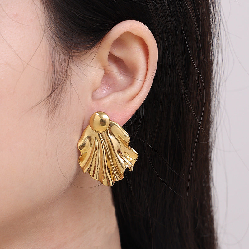 Simple Pleated Stainless Steel Exaggerated Gold Stud Earrings-Jewearrings