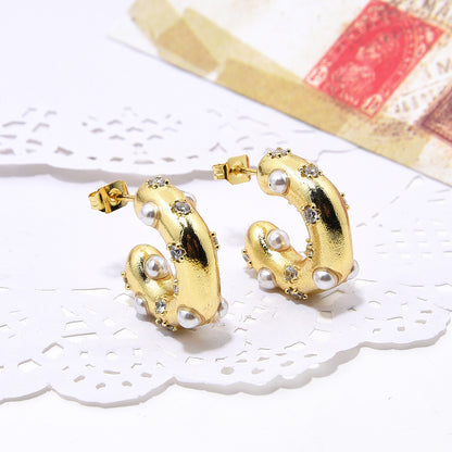 Women's Fashion U-shaped Copper Inlaid Zircon Pearl Earrings-Jewearrings