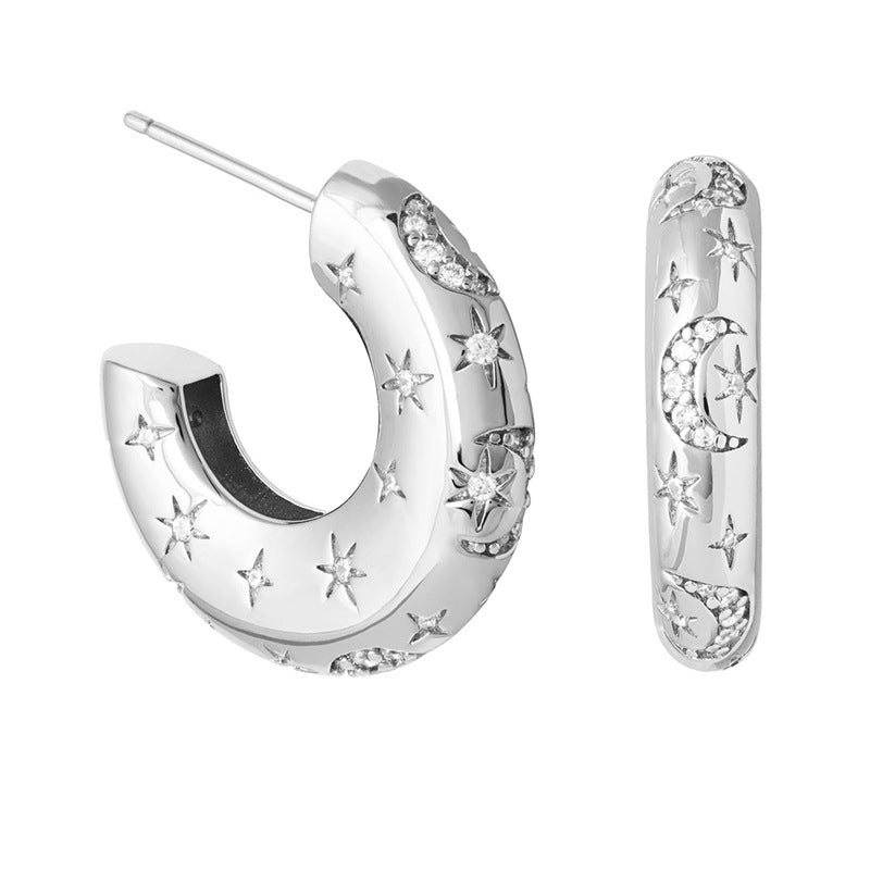 Sterling Silver Needle European And American Entry Lux Personality Metallic Broken Zirconium C- Shaped Star And Moon Earrings-Jewearrings