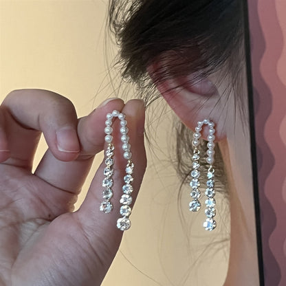 Needle Pearl Rhinestone Tassel Earrings Light Luxury Few Zircon Elegant Internet Celebrity Stitching Stud Earrings-Jewearrings