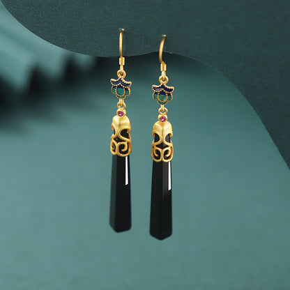 Women's Graceful And Fashionable Silver Black Agate Earrings-Jewearrings