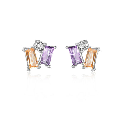 S925 Sterling Silver Square Stone Champagne Purple Mixed Stud Earrings-Jewearrings