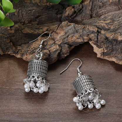 Retro Style Silver Pearl Bell Earrings Tassel-Jewearrings